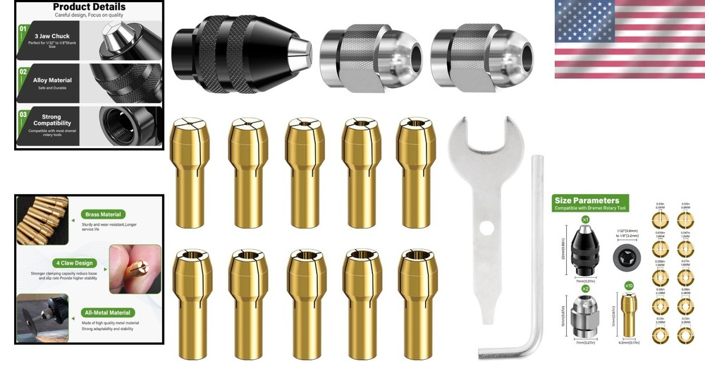 15PCS Dremel Chuck Collet Kit - Keyless Quick Change & Brass Nut Set