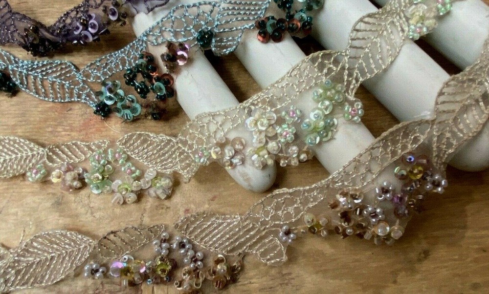 embroidered beads 9" hand sewn sequins strip 1pc assorted