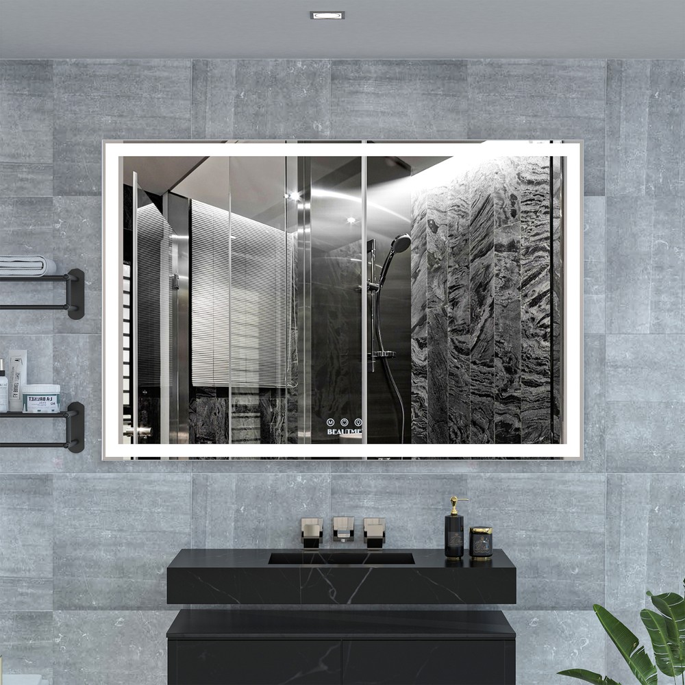 60"x40" LED Rectangle Bathroom Mirror Mirror Wall Mounted Silver Aluminum Frame
