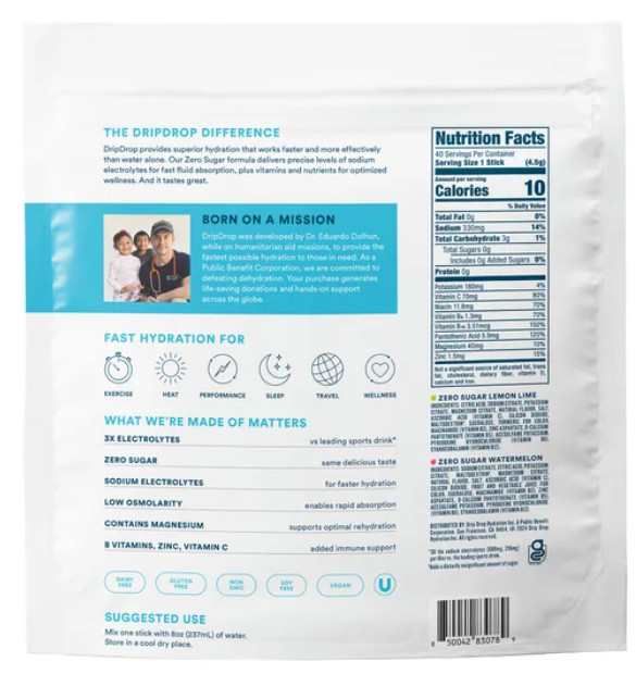 DripDrop Hydration Zero Sugar Variety Pack, 40 Individual Serving Sticks