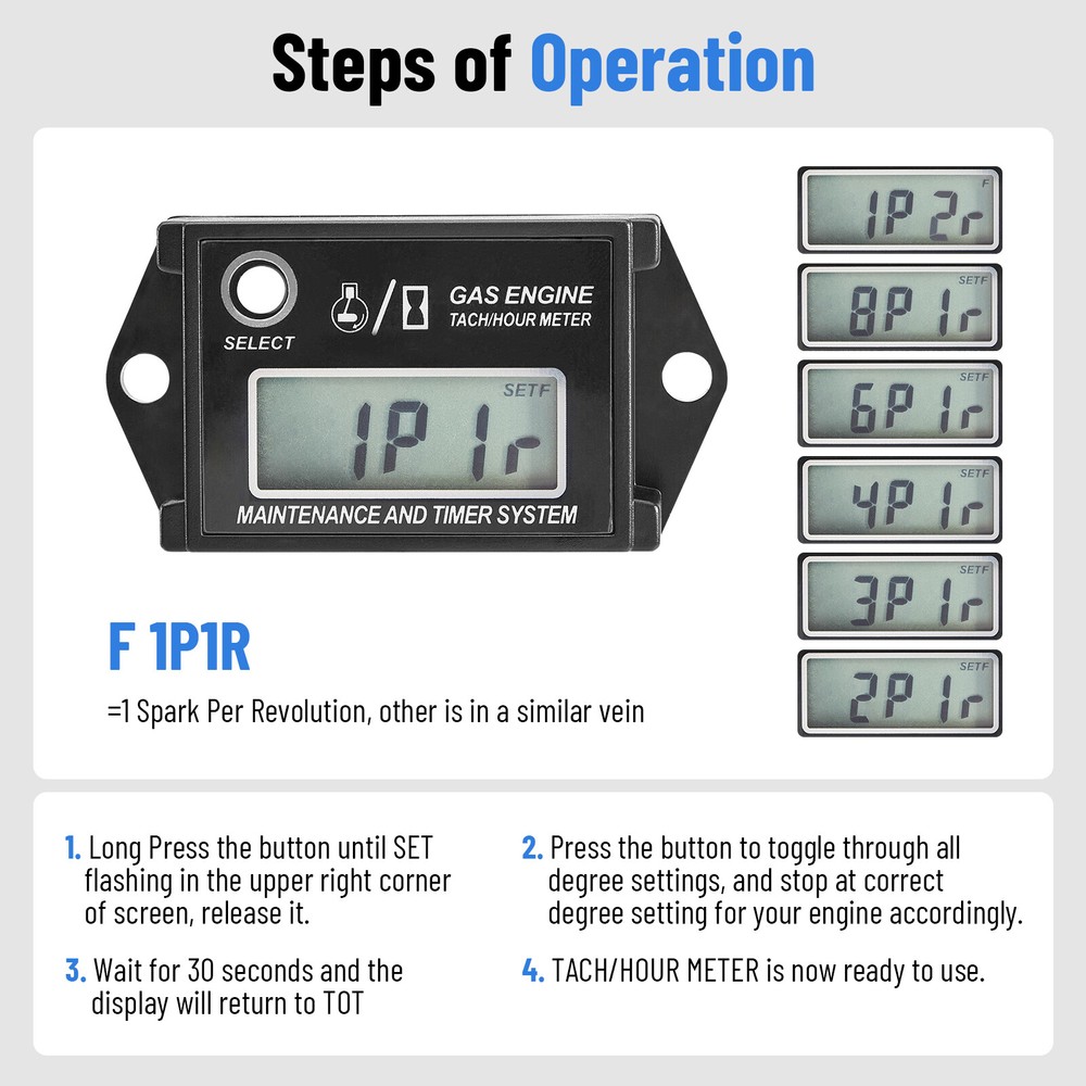 Small Engine Tachometer Hour Meter Digital Inductive Waterproof Tiny Tach Meter