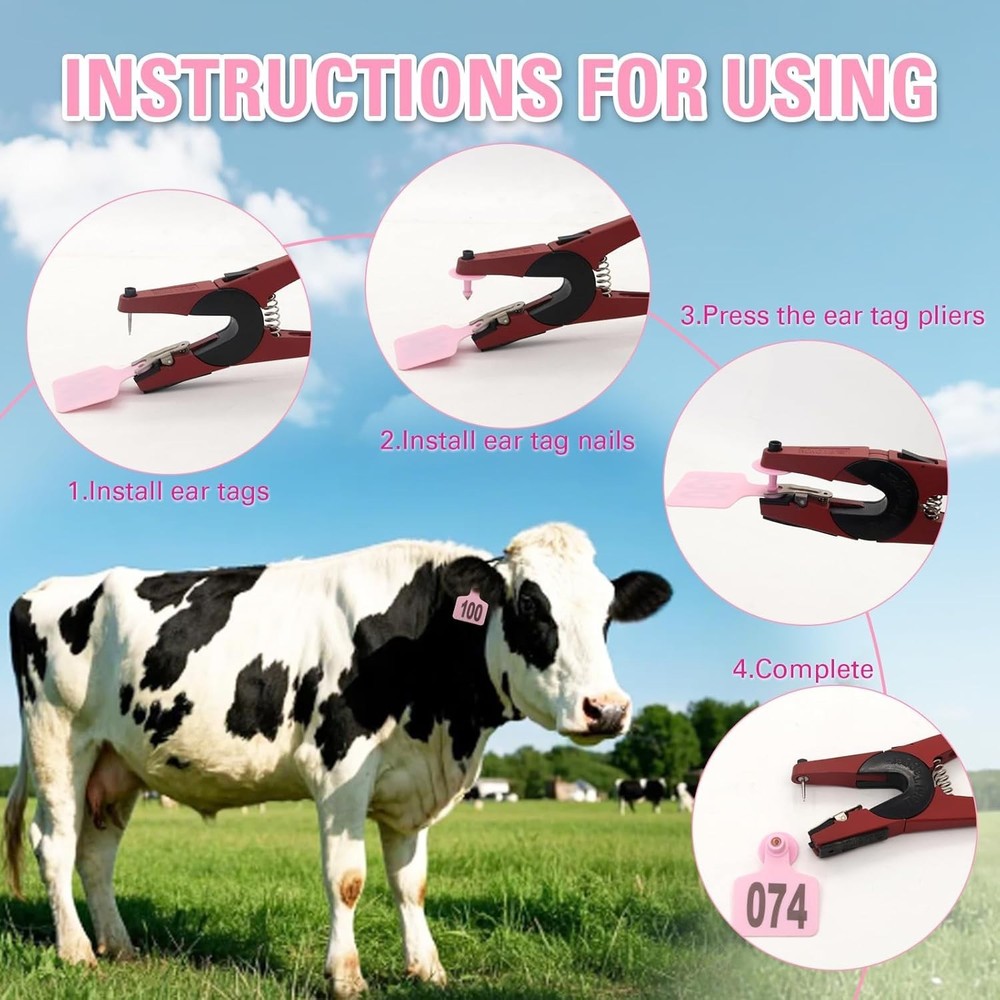 Round Cattle Ear Tags 001-100 with Applicator - Pink Tagging Solution