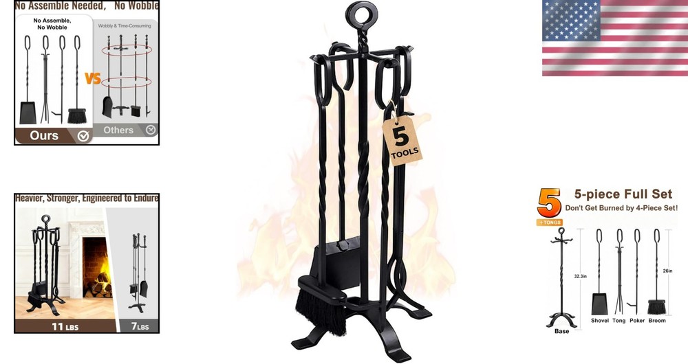 Durable 5-Piece Fireplace Accessory Kit - Wrought Iron Tools for Every Fire Pit