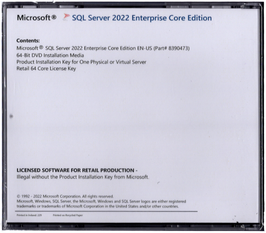 Microsoft SQL Server 2022 Enterprise with 64 Core License, unlimited User CALs