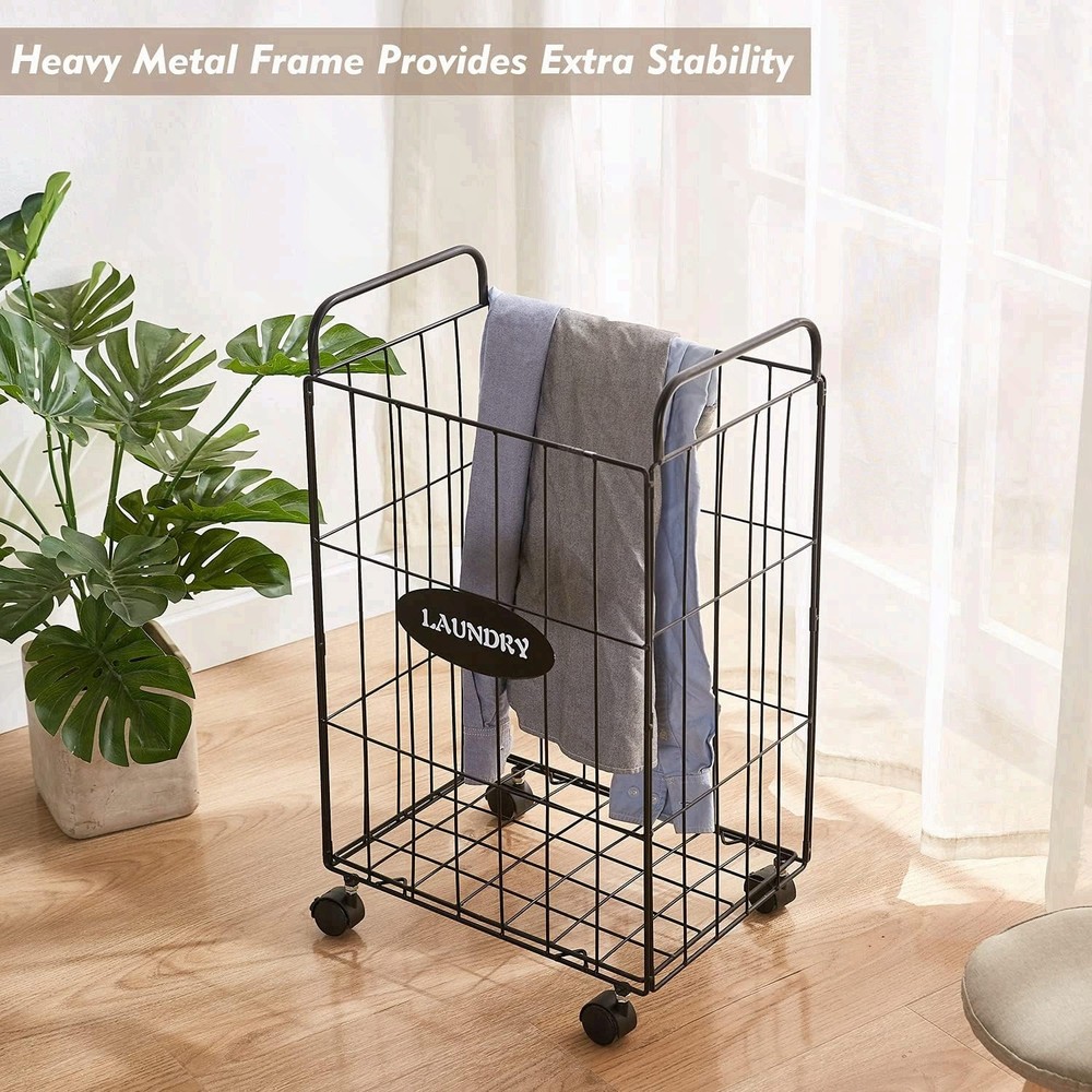 Iron Wire Laundry Hamper With Rolling Lockable Wheels, Folding Laundry Storage