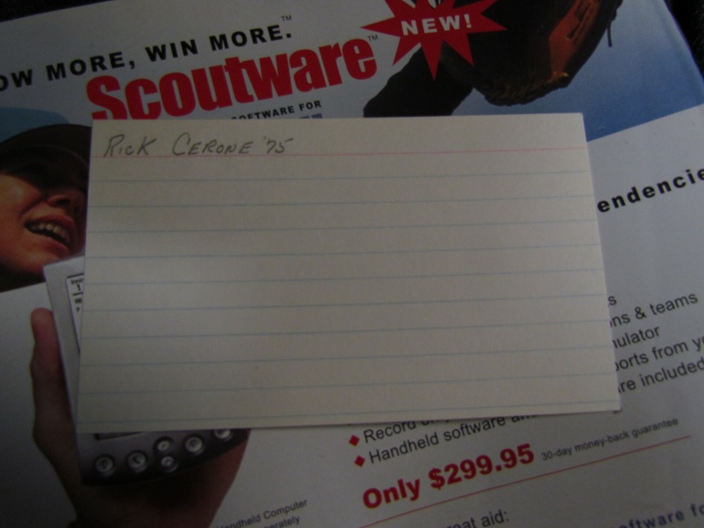 Rick Cerone autographed index card