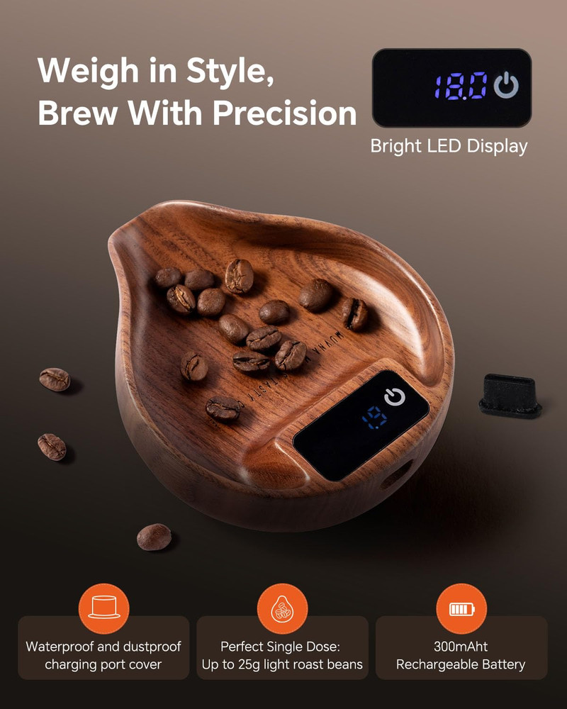 Precision Walnut Coffee Bean Scale with LED Display and Spray Bottle Kit