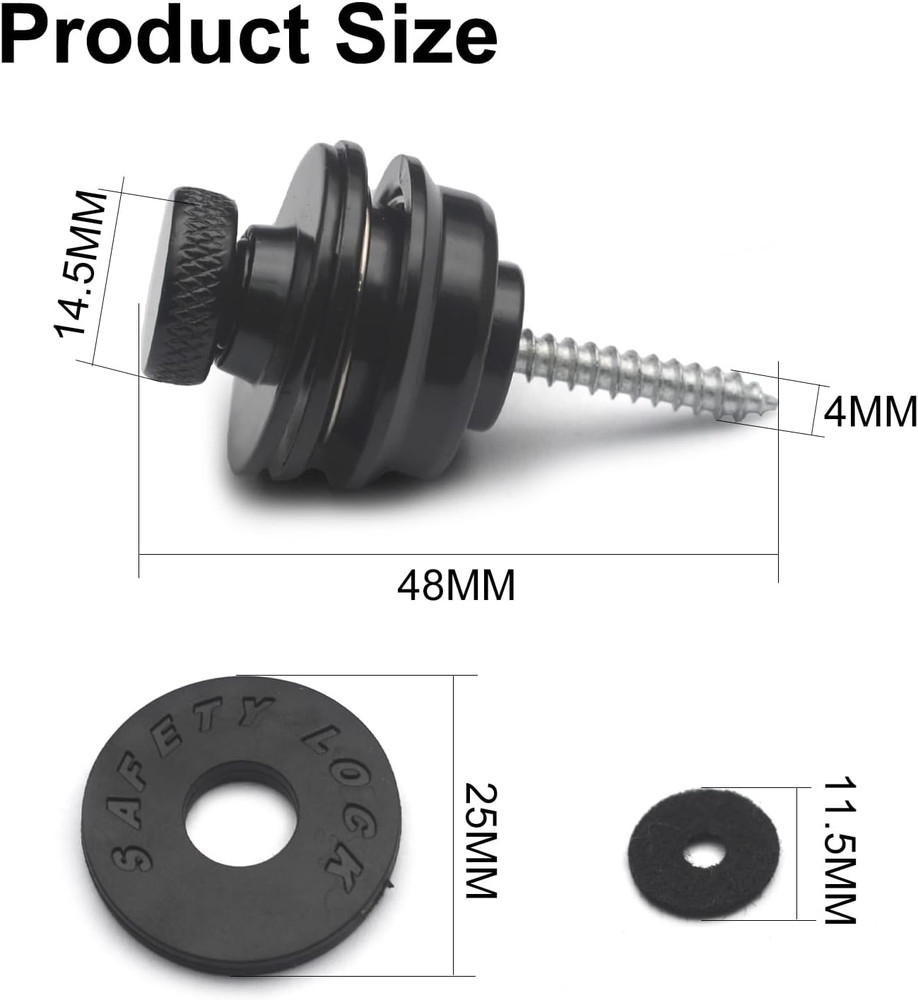 2PCS Black Guitar Strap Locks, Dual Design Strap Retainer System Black Rubber