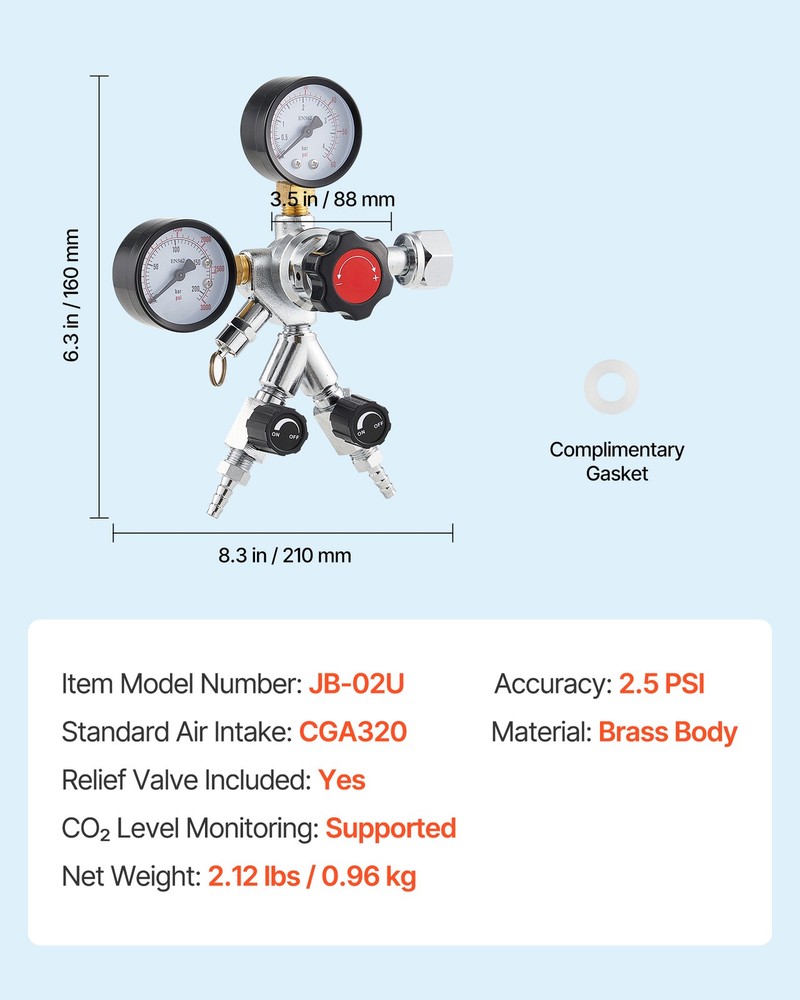VEVOR Dual Gauge Gas Tank CO2 Regulator for Draft Beer Homebrew Kegerator CGA320