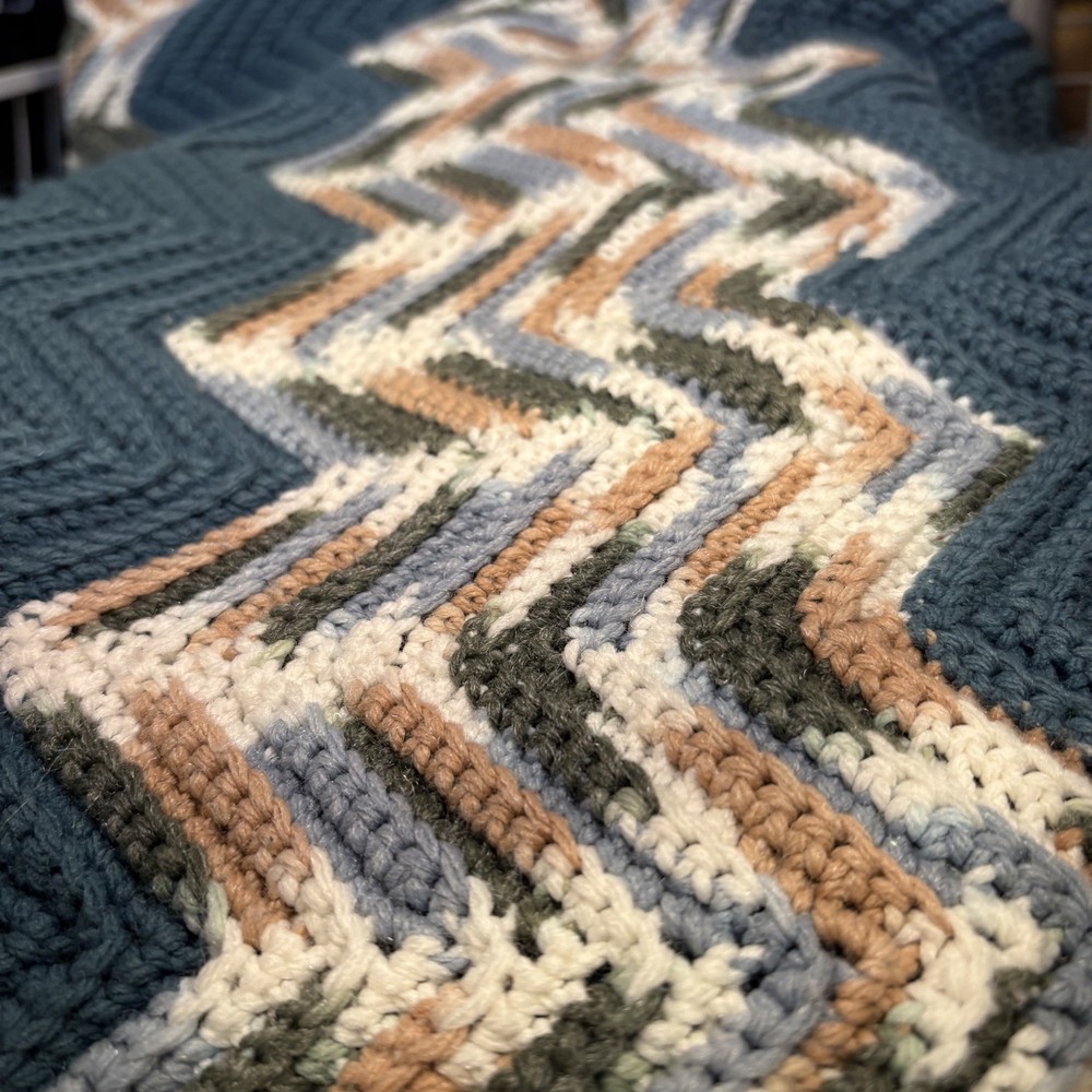 Vintage Crocheted Chevron Pattern Throw Blanket 83”x33” Handmade Afghan