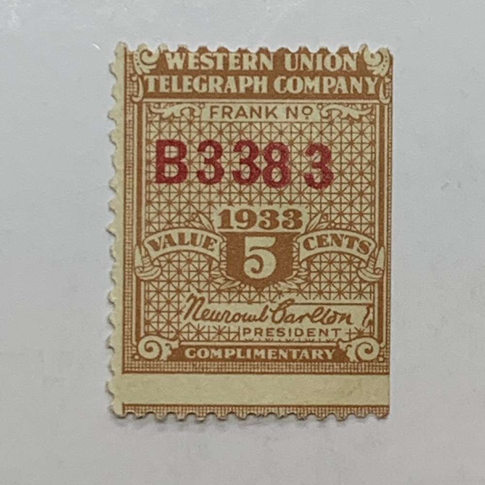 WESTERN UNION TELEGRAPH MH 5C STAMP WITH MISPERF ERROR, HORIZONTAL SHIFT