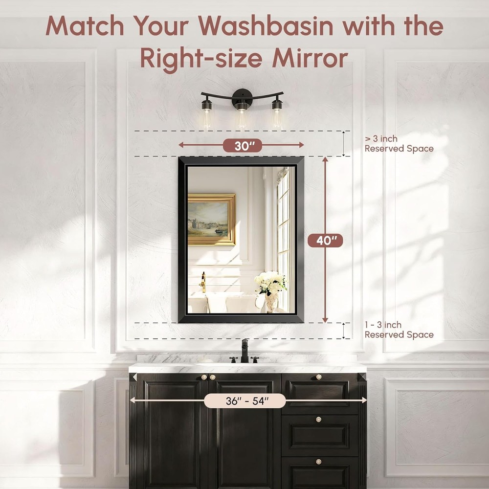 USHOWER 30x40 Rectangular Bathroom Mirror Black Aluminum Frame Beveled Mirror US