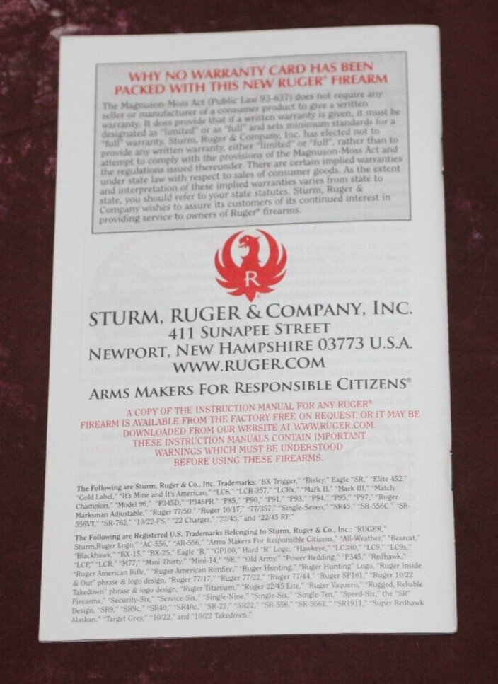 2015 Ruger 10/22 Autoloading Riles Instruction Manual