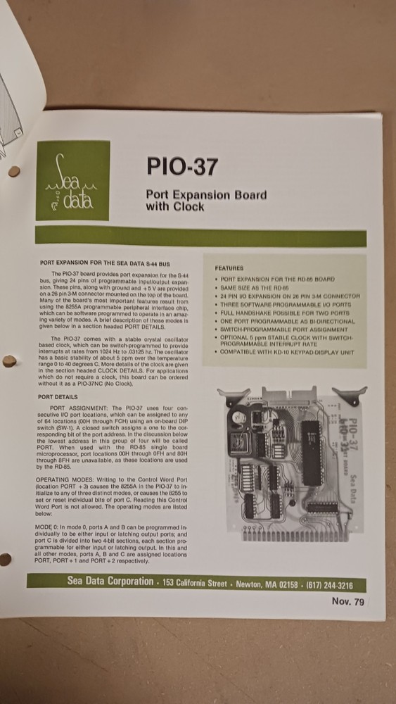 Sea Data Corporation RD-85 Single Board Microcomputer and Related Data Sheet