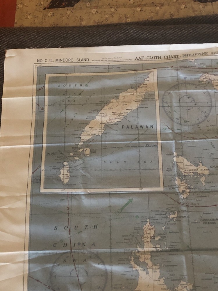 WWII Pilots AAF CLOTH Escape & Evasion Map Double Sided SAMAR & MINDORO ISLAND