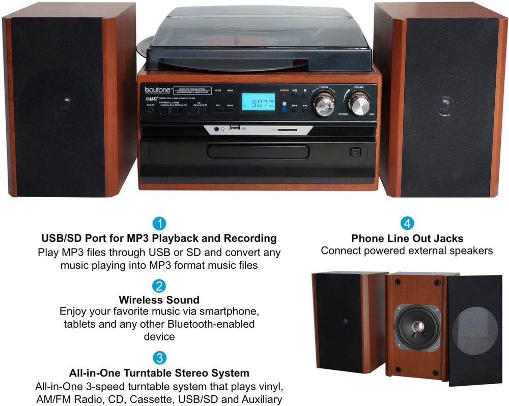 Boytone BT-24MB Bluetooth Classic Record Player Turntable with CD USB SD AM/FM