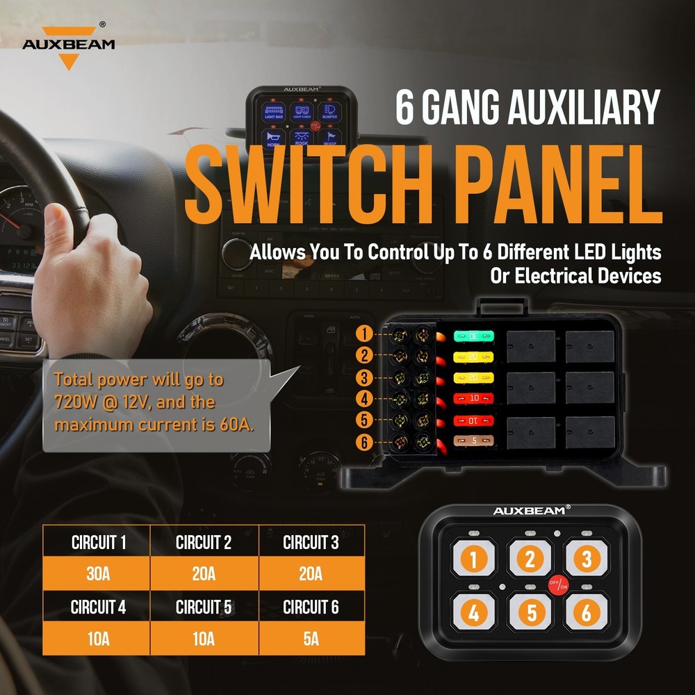 AUXBEAM 6 Gang Switch Panel Circuit Control Relay System For Can-Am Maverick X3
