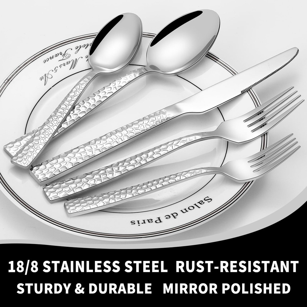 60 Piece Silverware Set for 12, Stainless Steel Hammered Flatware Set, Kitche...