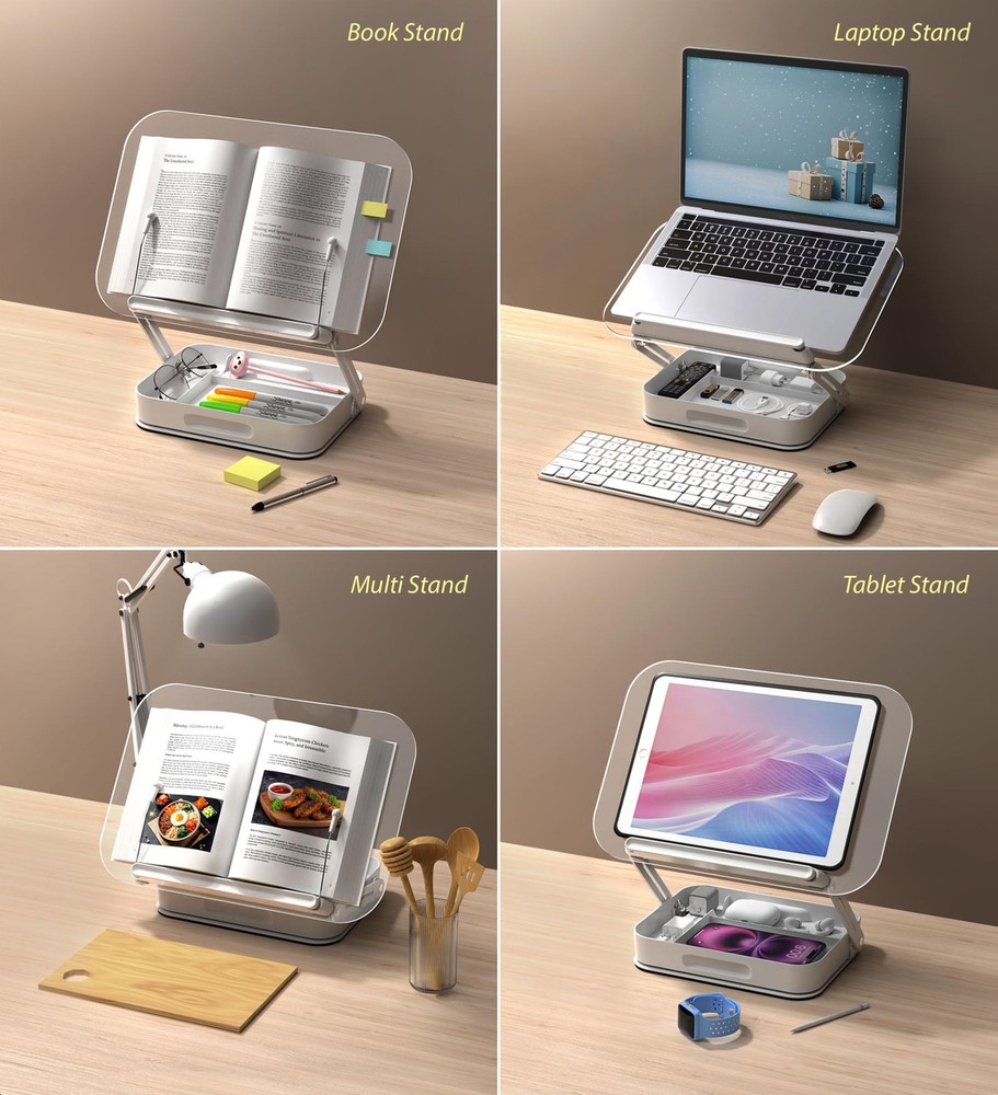 Acrylic Book Stand with Storage, 360° Rotating, Foldable Adjustable Holder wi...