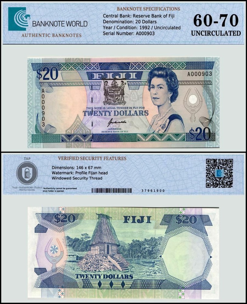 Fiji 20 Dollars, 1992 ND, P-95a, UNC, Authenticated Banknote