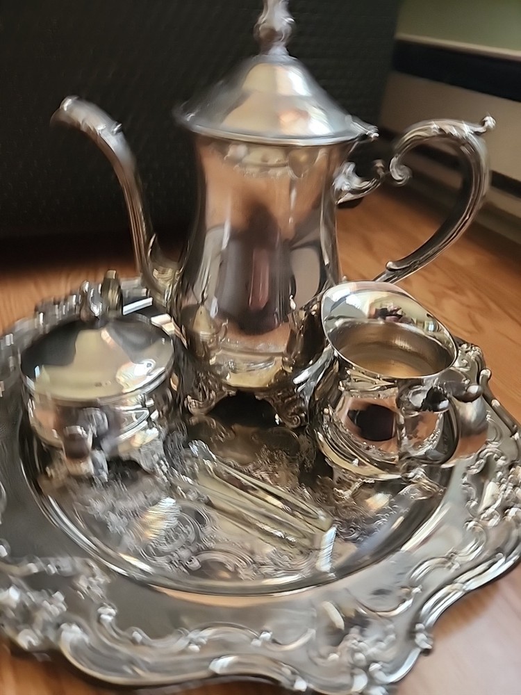 Vintage Gorham Silverplate Tea Set with Tray – EP Brass 4 Pc Ornate