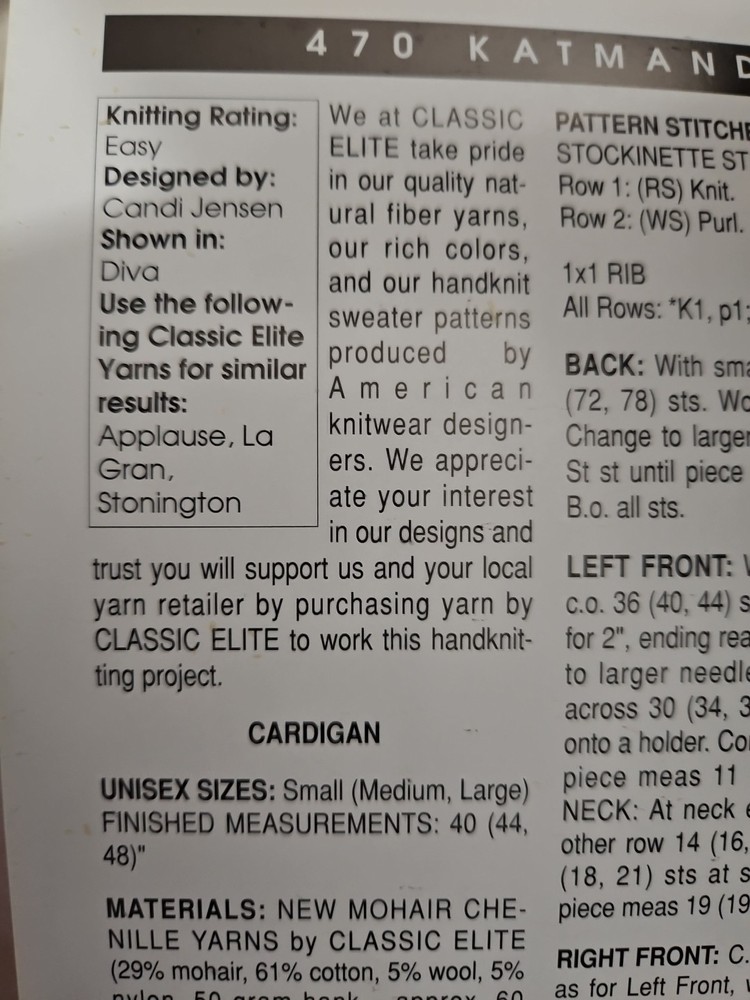 Classic Elite Knitting Pattern 470 Katmandu Nepal