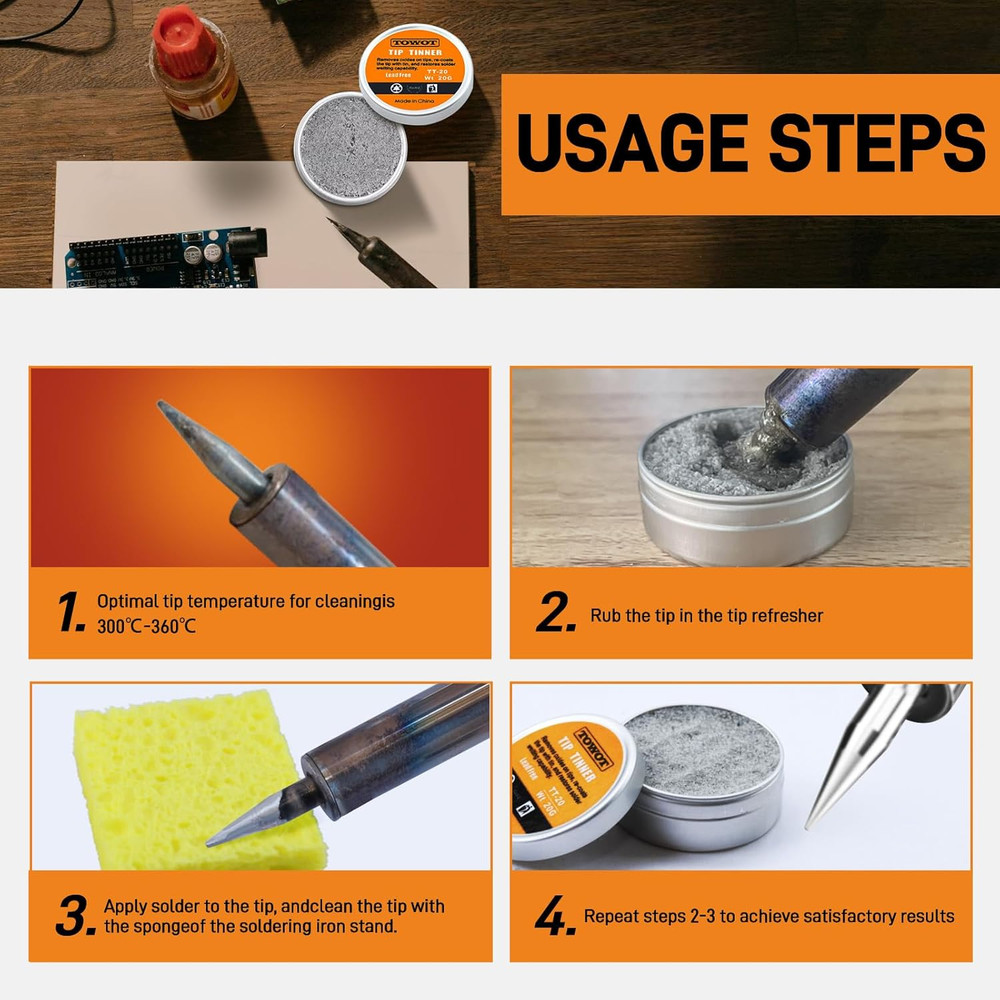 Tip Tinner for Electronics Soldering, Iron Tip and Re-Tinning Solution, Removes