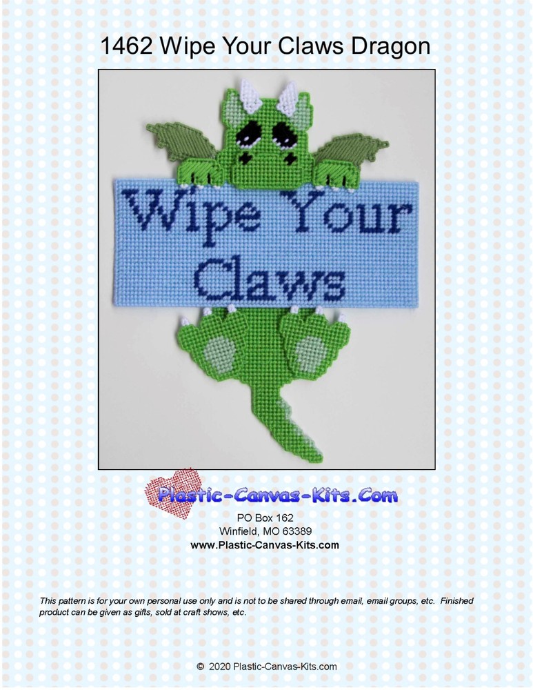 Wipe Your Claws Dragon - Plastic Canvas Pattern or Kit