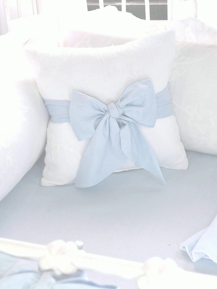 White Eyelet Blue Bow Pillow