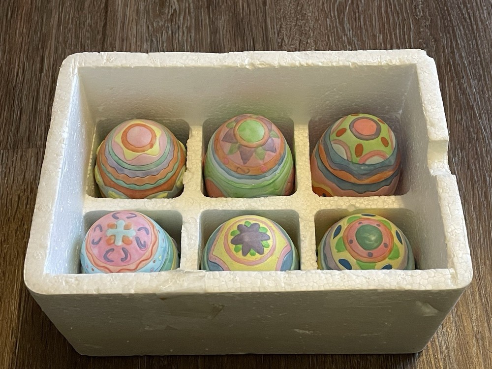 NEW Open BOX Ceramic Easter Egg Candles 6 pc. Unscented Hand Painted Colors