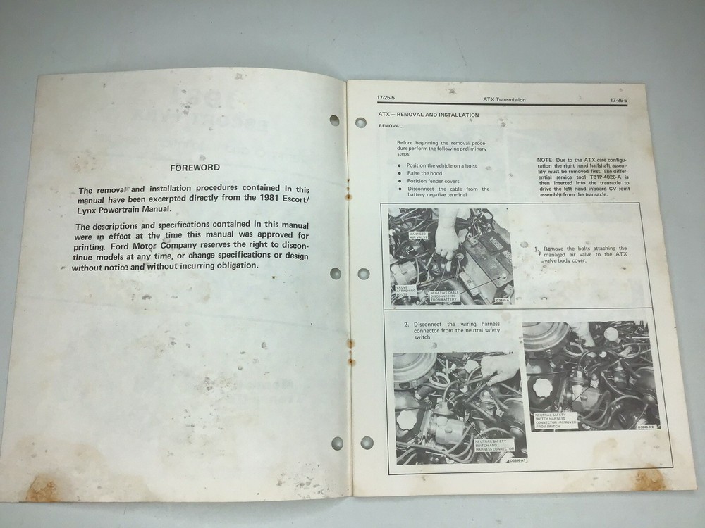 1981 Ford escort lynx removal install procedures automatic & manual transaxle
