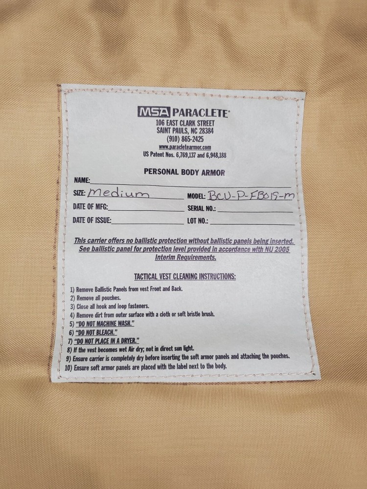 MSA Paraclete Personal Body Armor Carrier Only BCV-P-FB019 Medium Cag Sof Devgru