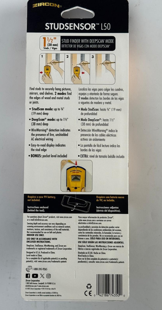 Zircon StudSensor L50 Edge Finding Electronic Stud Finder Sensor w/Pocket Level