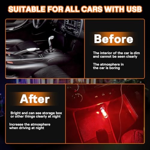 2PCS USB Car LED Interior Lights, Mini Ambient Lighting Accessories, Touch Red