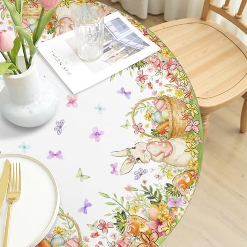 Easter Rabbit Round Fitted Tablecloth with Elastic 44" (Round) Easter Yellow