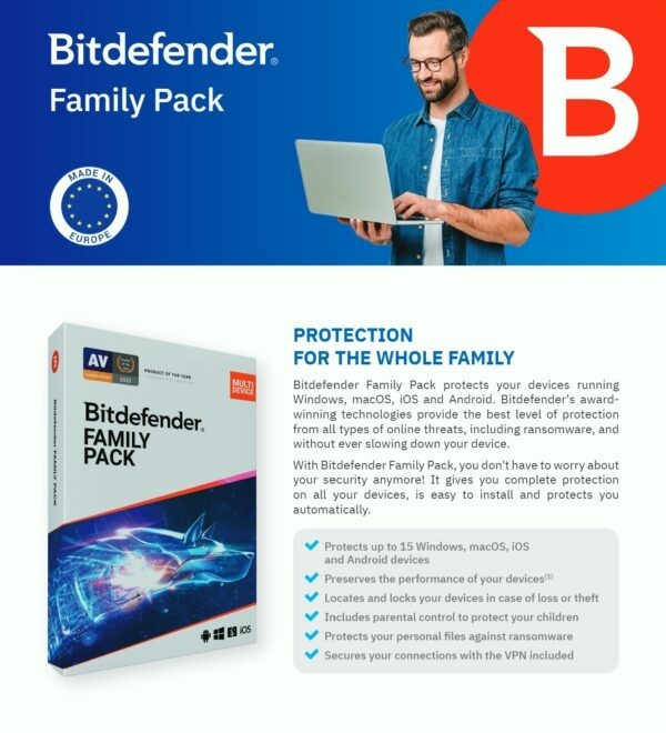 Bitdefender Family Pack – 15 Devices | Windows, Mac, Android | Latest Version