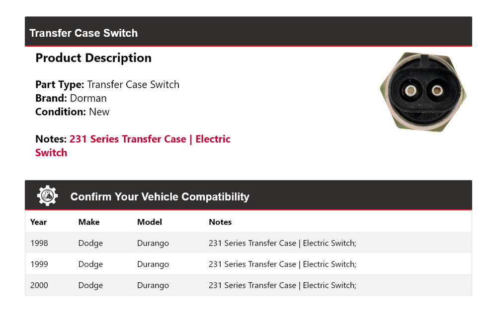 For 1998-2000 Dodge Durango Dorman Transfer Case Switch 1999