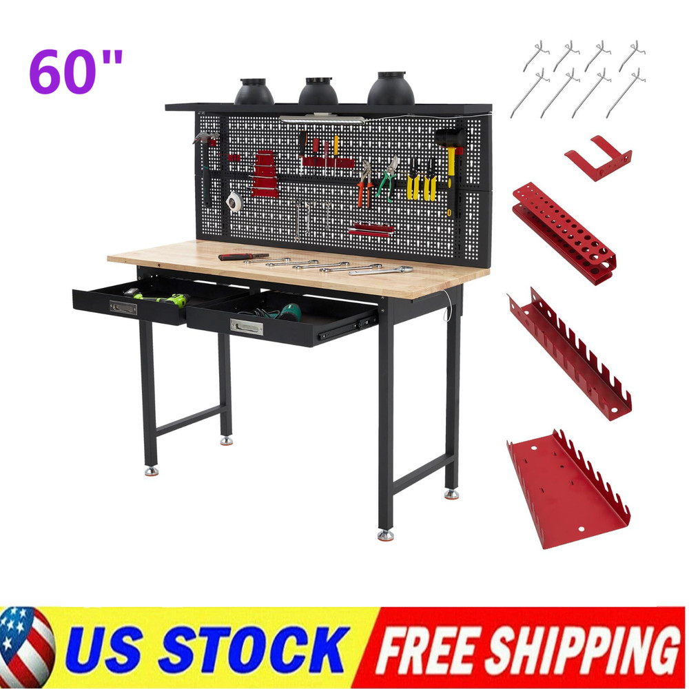 ✨60" Adjustable Heavy Duty Workbench 2000 LBS Work Table with 2 Drawers LED Ligh