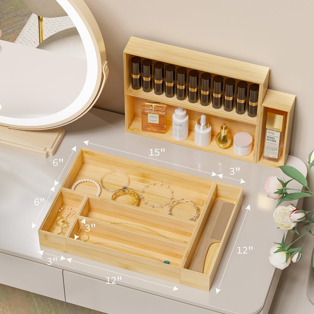 Kitchen Drawer Organizer Bins, Stackable Bamboo Deep Drawer Organizer for Sil...