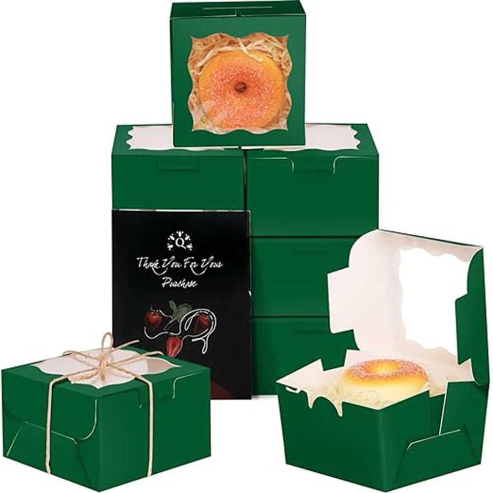 Deep Green Bakery Boxes with Window 55pcs 4x4x2.5" Mini Cookie Macaron Boxes