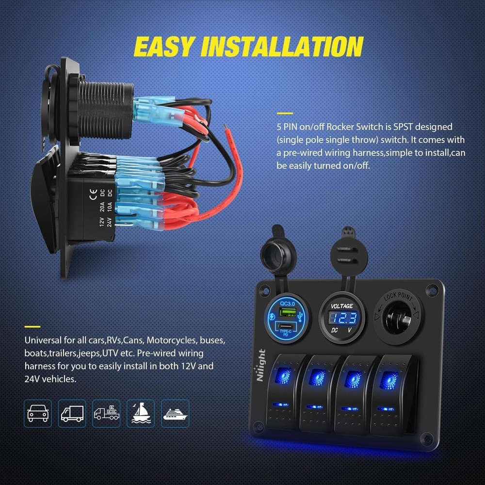 Nilight 4 Gang Rocker Switch Panel Waterproof Pre-Wired Aluminum Panel