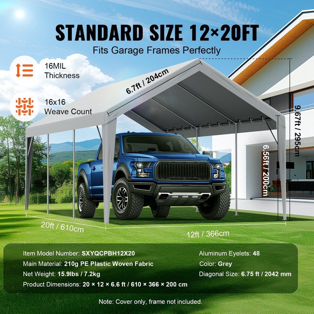 12x20FT Carport Canopy Replaced Waterproof & UV Protected Grey Frame Not Include