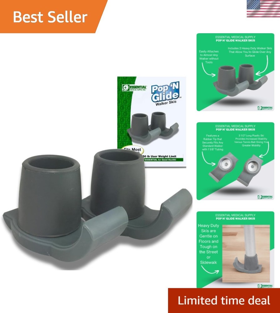 Pop & Glide Universal Fit Walker Ski Glides - Gray 2 Pack for Smooth Mobility