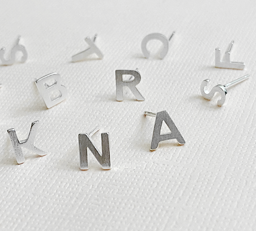 S925 Sterling Silver Satin Finish Alphabet Letter Initial Stud Earrings