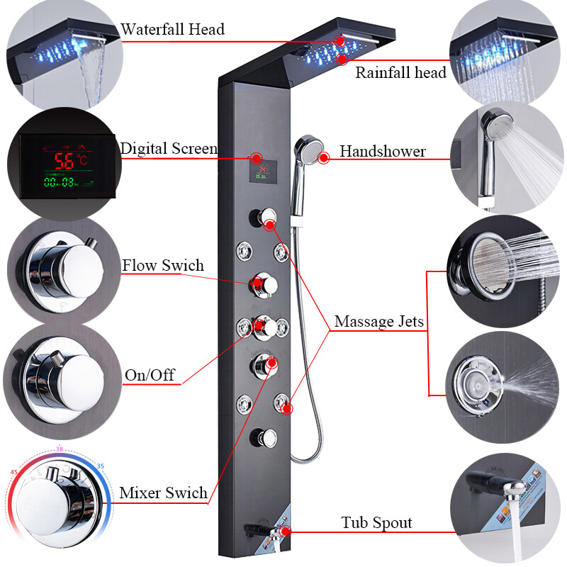 Shower Panel Tower Wall Mounted LED Rain Waterfall Massage Body System Mixer Tap
