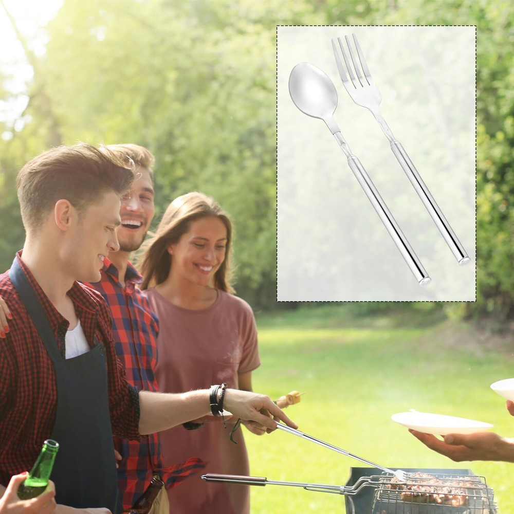 Extendable fork Spoon Telescopic Fork and Spoon Set Stainless Steel Long For
