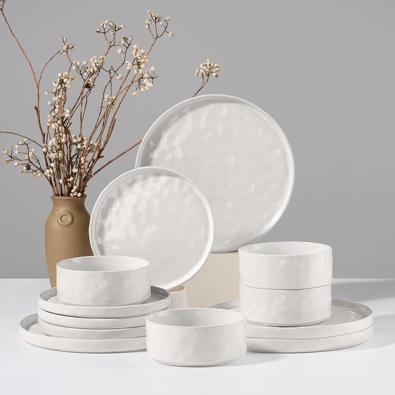 12 Piece Cosmos Ripple Stoneware Dinnerware Set Durable Safe Stackable Home Use