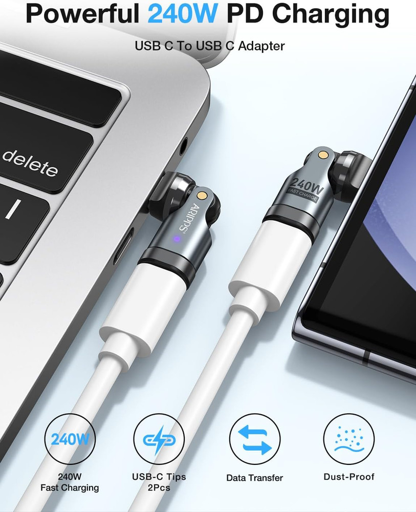 USB C Adapter [2-Pack], PD 240W USB C 90 Degree Adapter, USB Type C Right Angle