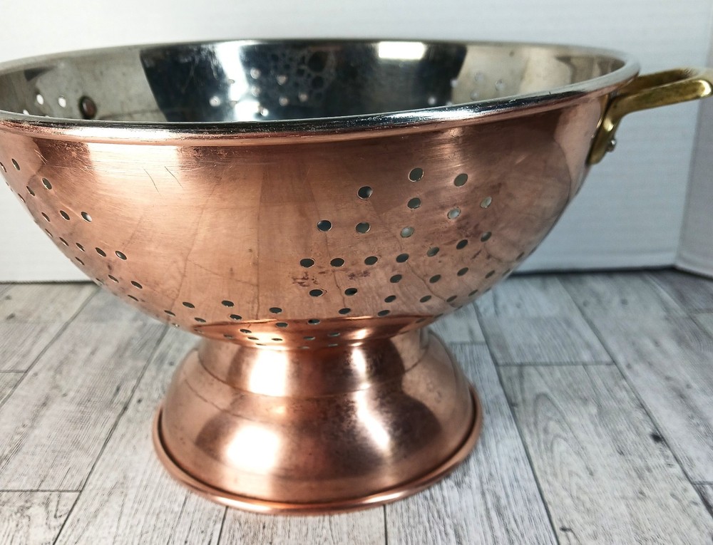 Vintage Copper Colander with Brass Handles 9” Tin-Lined Footed Strainer