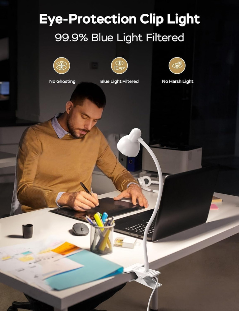 Clip on Lamp USB Reading Light, 3 Color Modes, 10 Brightness Dimmable, 360° Flex